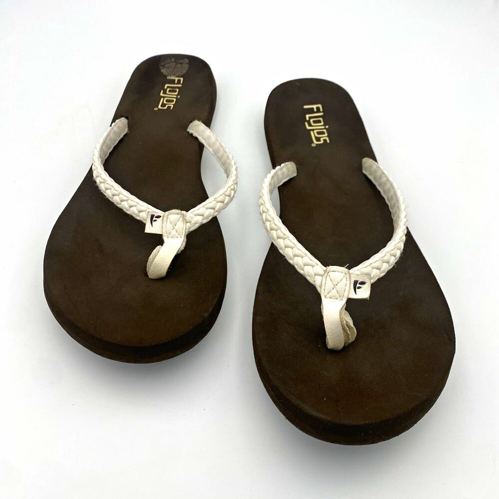 Flojos Flip Flop Sandals Brown White Leather Braided Strap Slip On Women 10